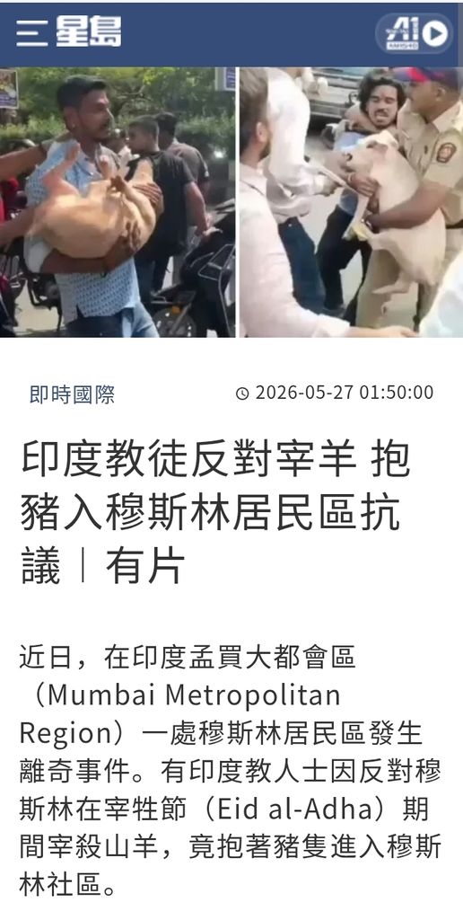 印度教團體抗議伊斯蘭佬宰羊 印度教徒抱豬闖入穆斯林社區報復 - 時事台 - 香港高登討論區